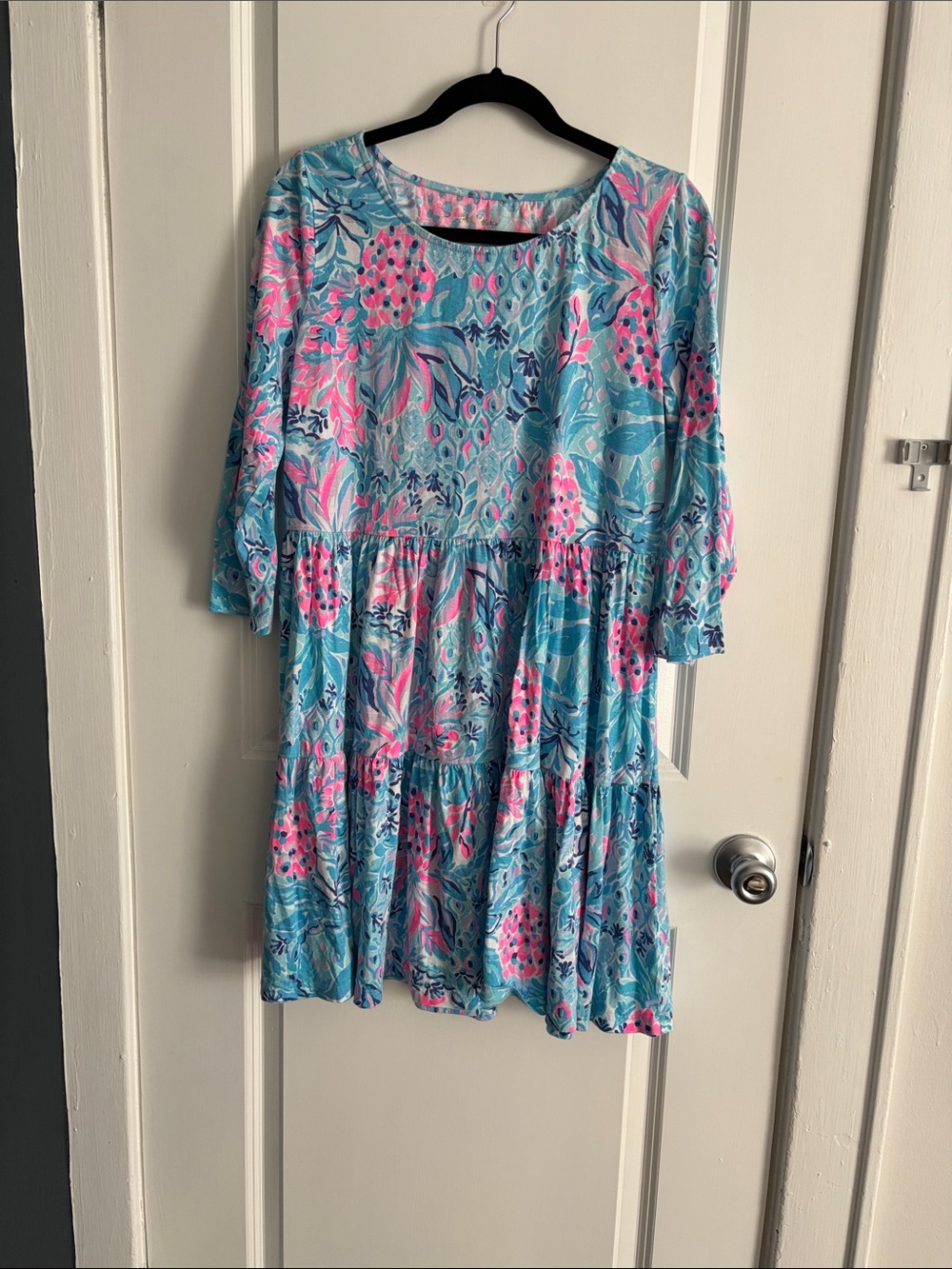 Lilly Pulitzer Aqua Floral Tiered Casual Dress with Pink Accents